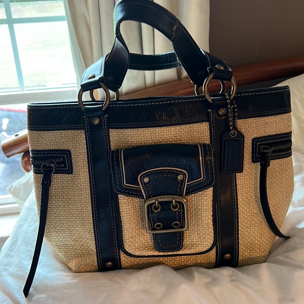 Coach Straw and Black leather trim tote like 🆕